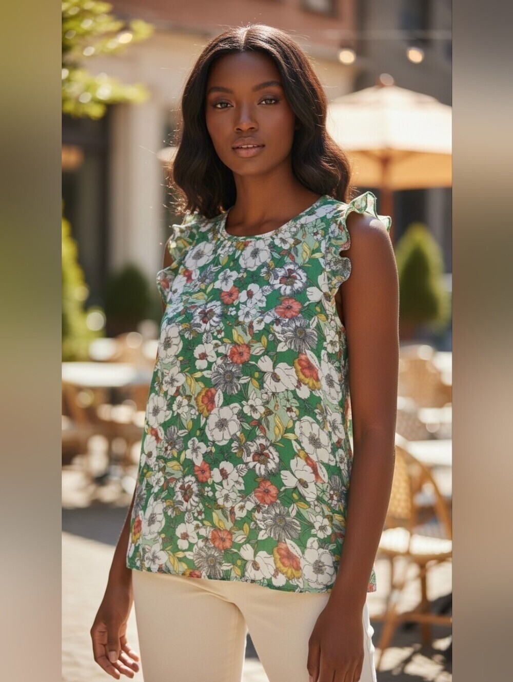 Maeve Anthropologie Gramercy Green Floral Flutter Sleeve Top Sz S